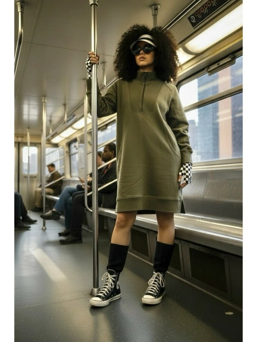 Anthropologie Daily Practice Meru Olive Drab Green Half Zip Sweatshirt Dress XL